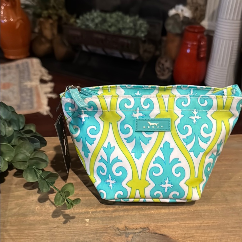 Scout Cosmetic Pouch Teal Blue and Lime Yellow Patterned